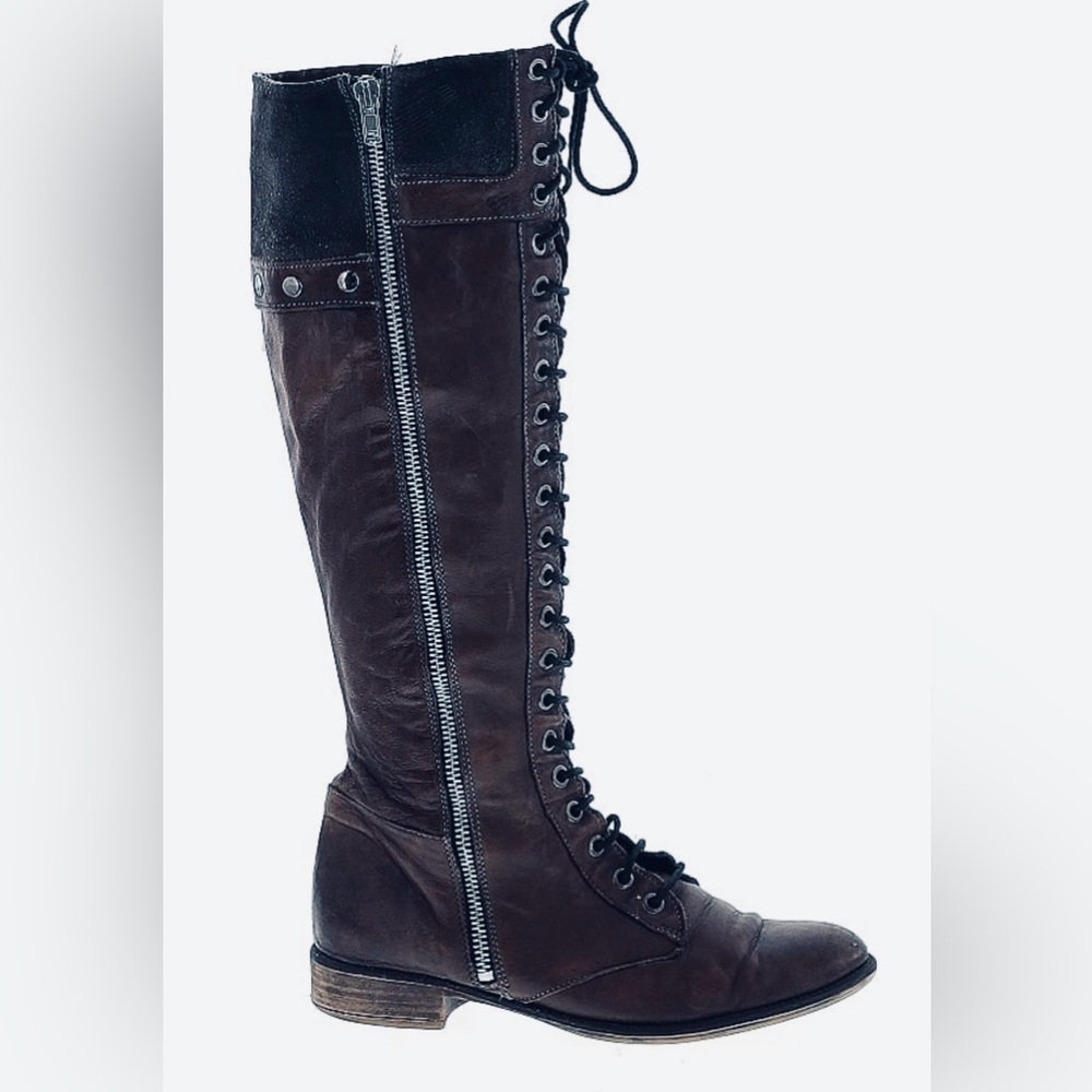 Lace up (side zipper) leather and suede knee high boot